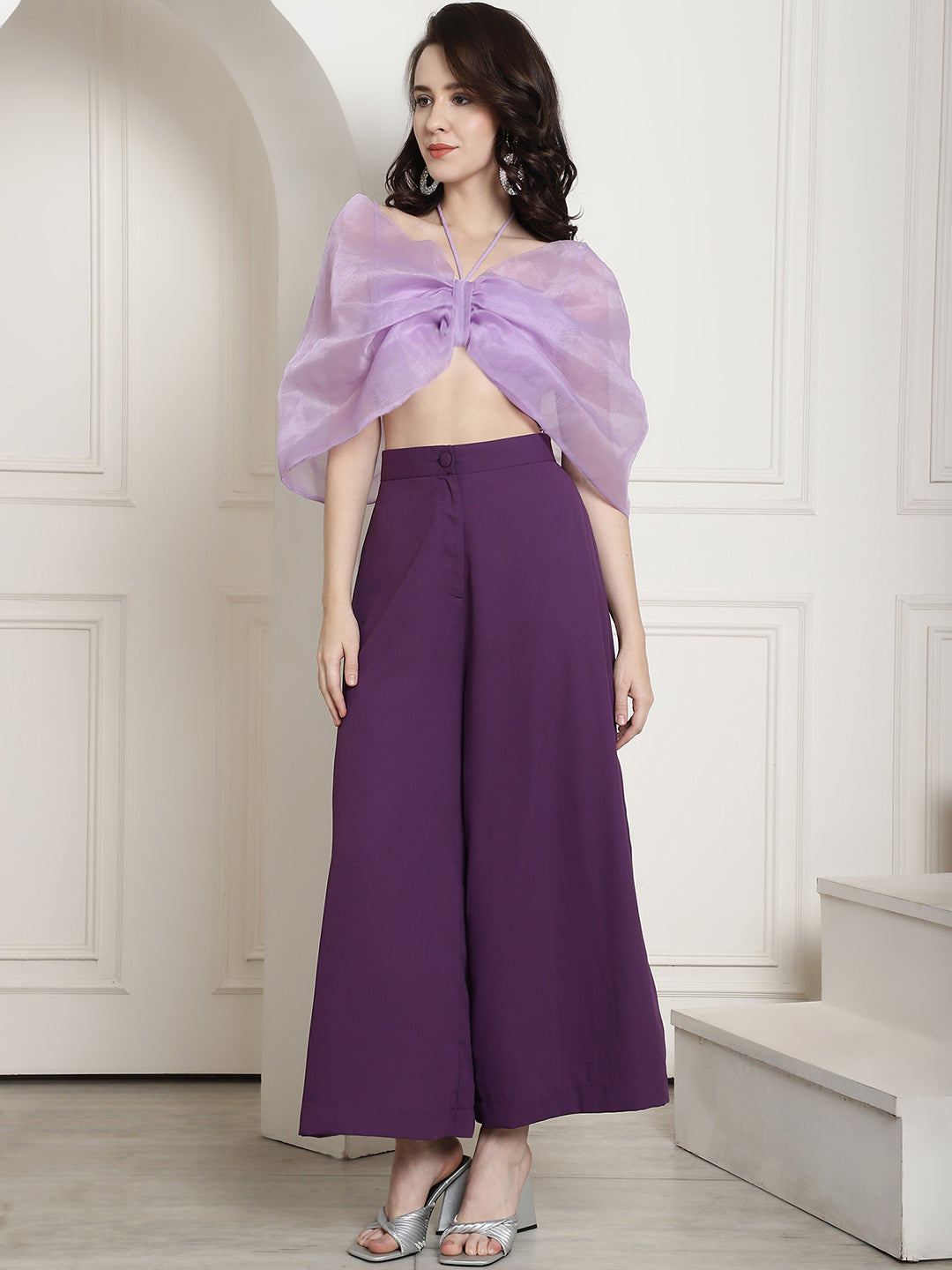 Bow Halter Neck Top In Organza With Trouser