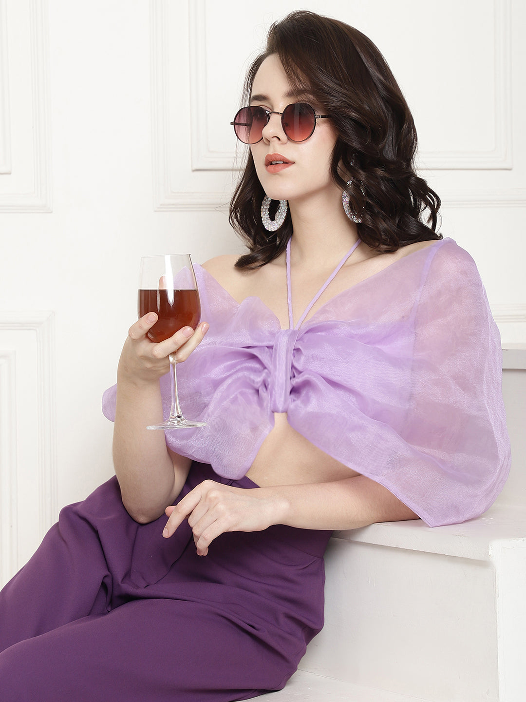 Bow Halter Neck Top In Organza With Trouser