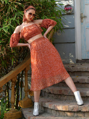 Brown Pleated Skirt With Off-Shoulder Top