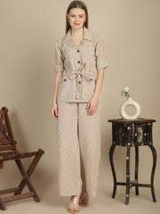 Brown & Beige Striper Shacket & Trouser