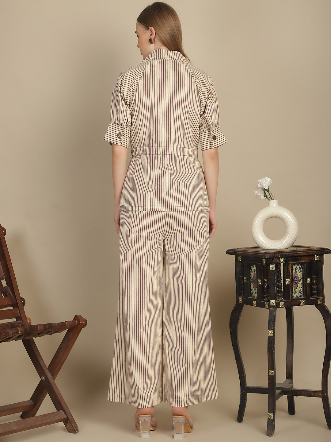 Brown & Beige Striper Shacket & Trouser