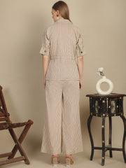 Brown & Beige Striper Shacket & Trouser