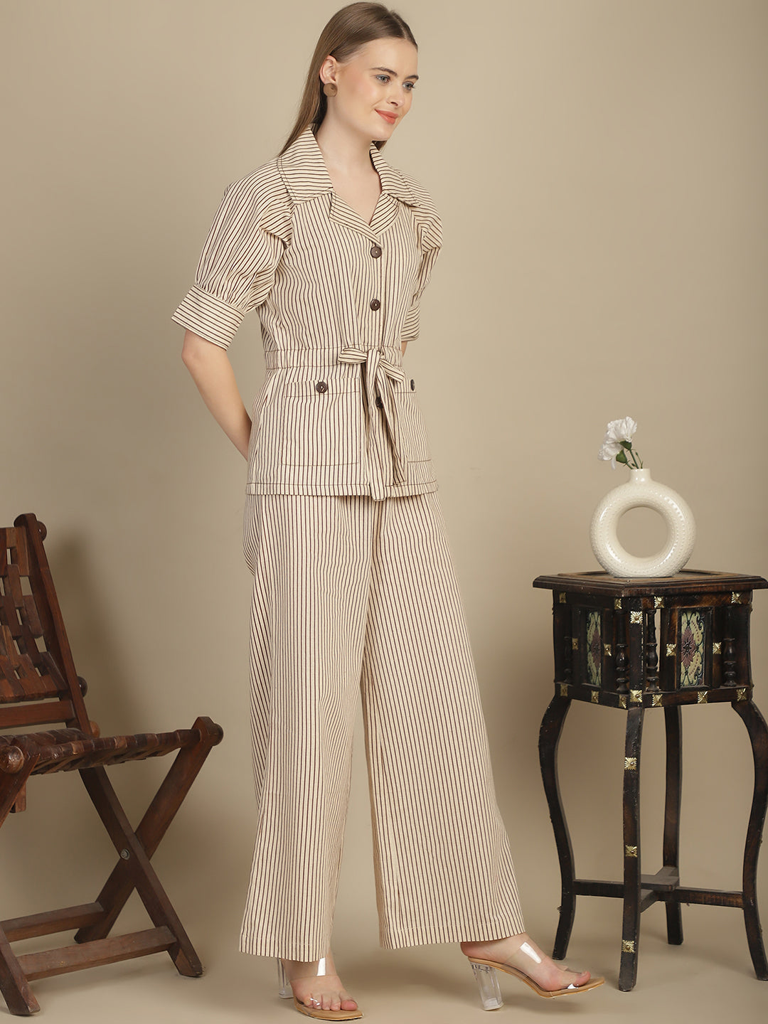 Brown & Beige Striper Shacket & Trouser