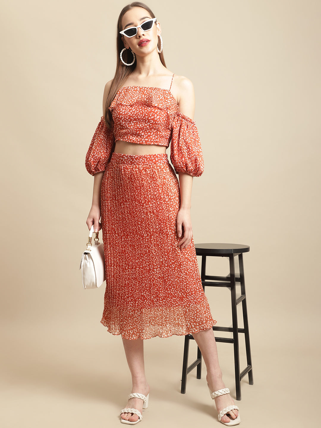 Brown Pleated Skirt With Off-Shoulder Top