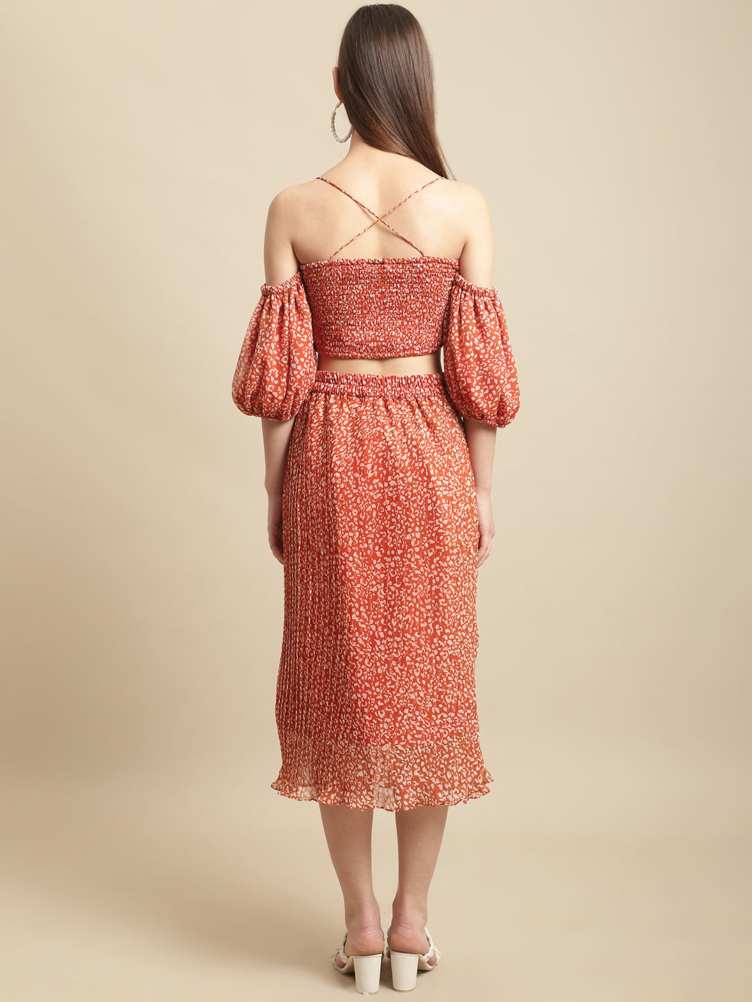 Brown Pleated Skirt With Off-Shoulder Top