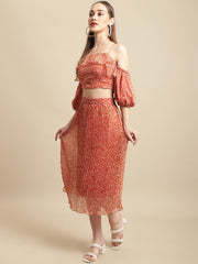 Brown Pleated Skirt With Off-Shoulder Top
