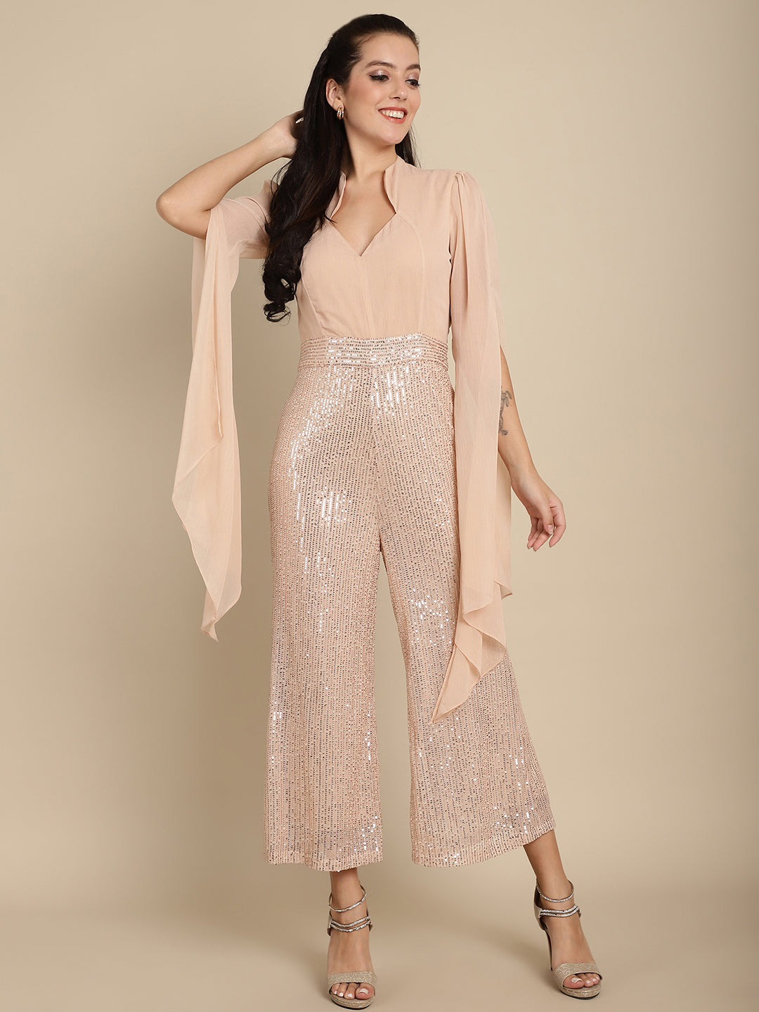 Cape Sleeves Sequinned Jumpsuit