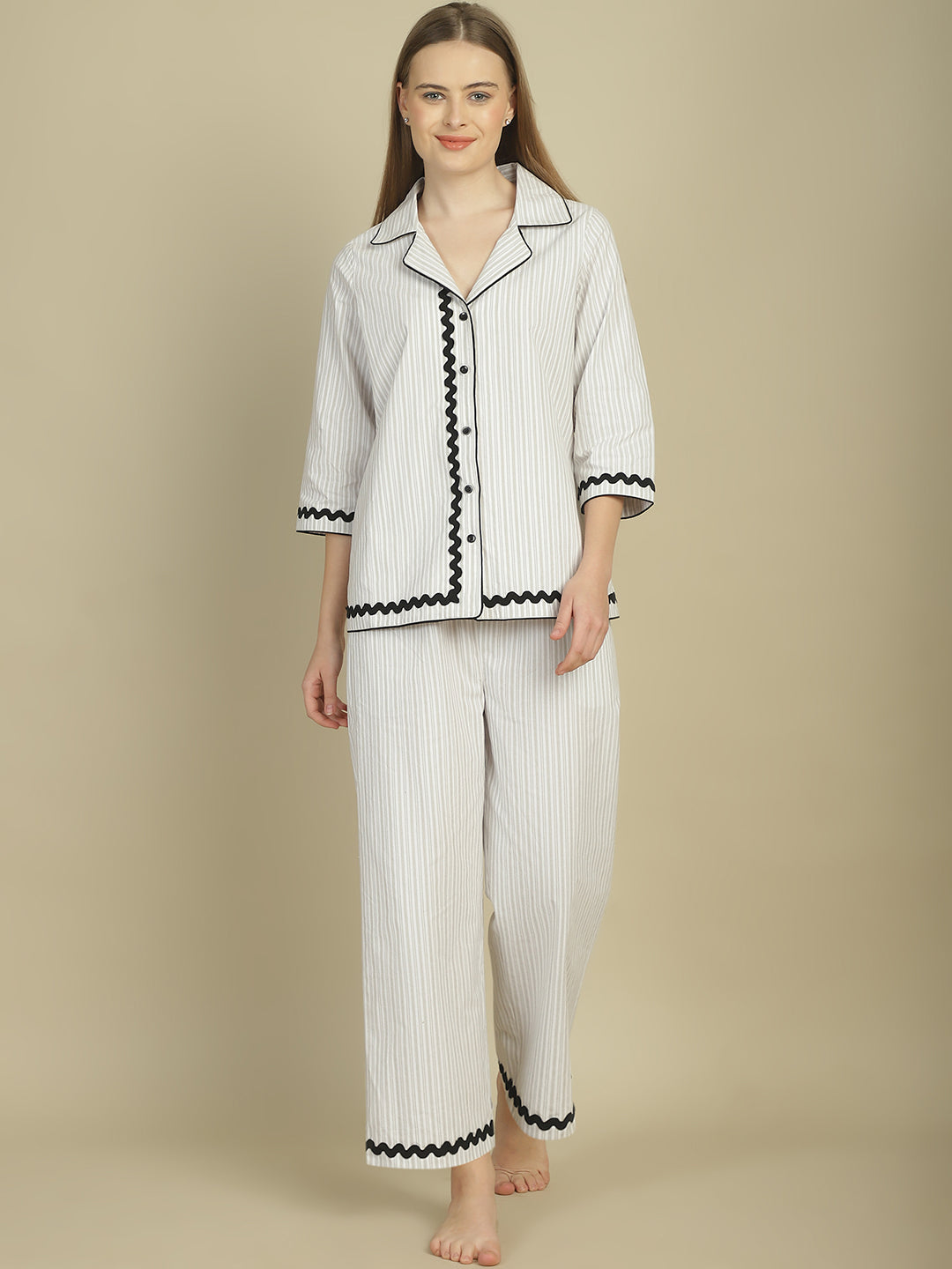 Contrast Black Lace Grey & White Stripes Nightwear