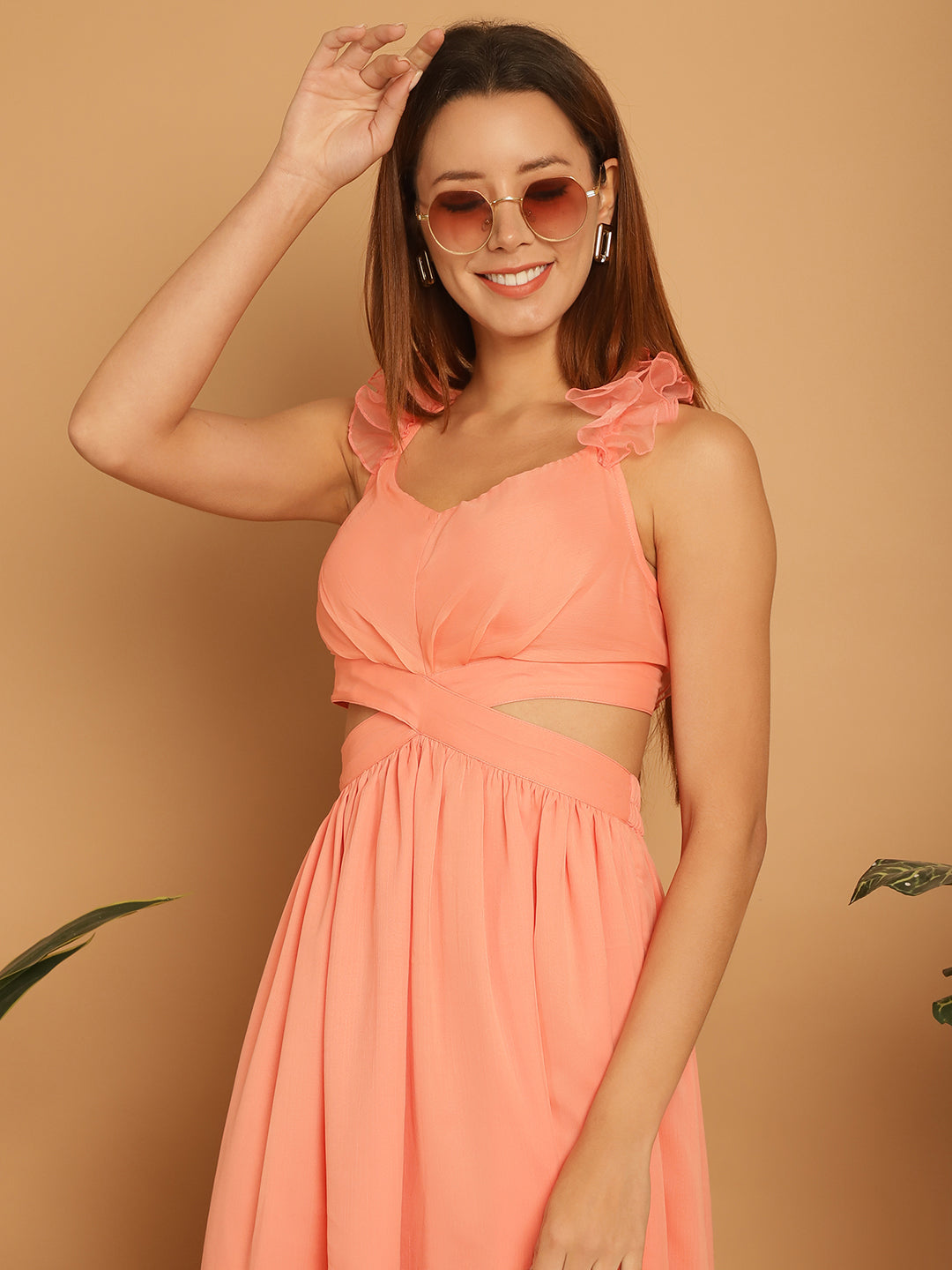 Coral Chiffon Dress with Cut-Out