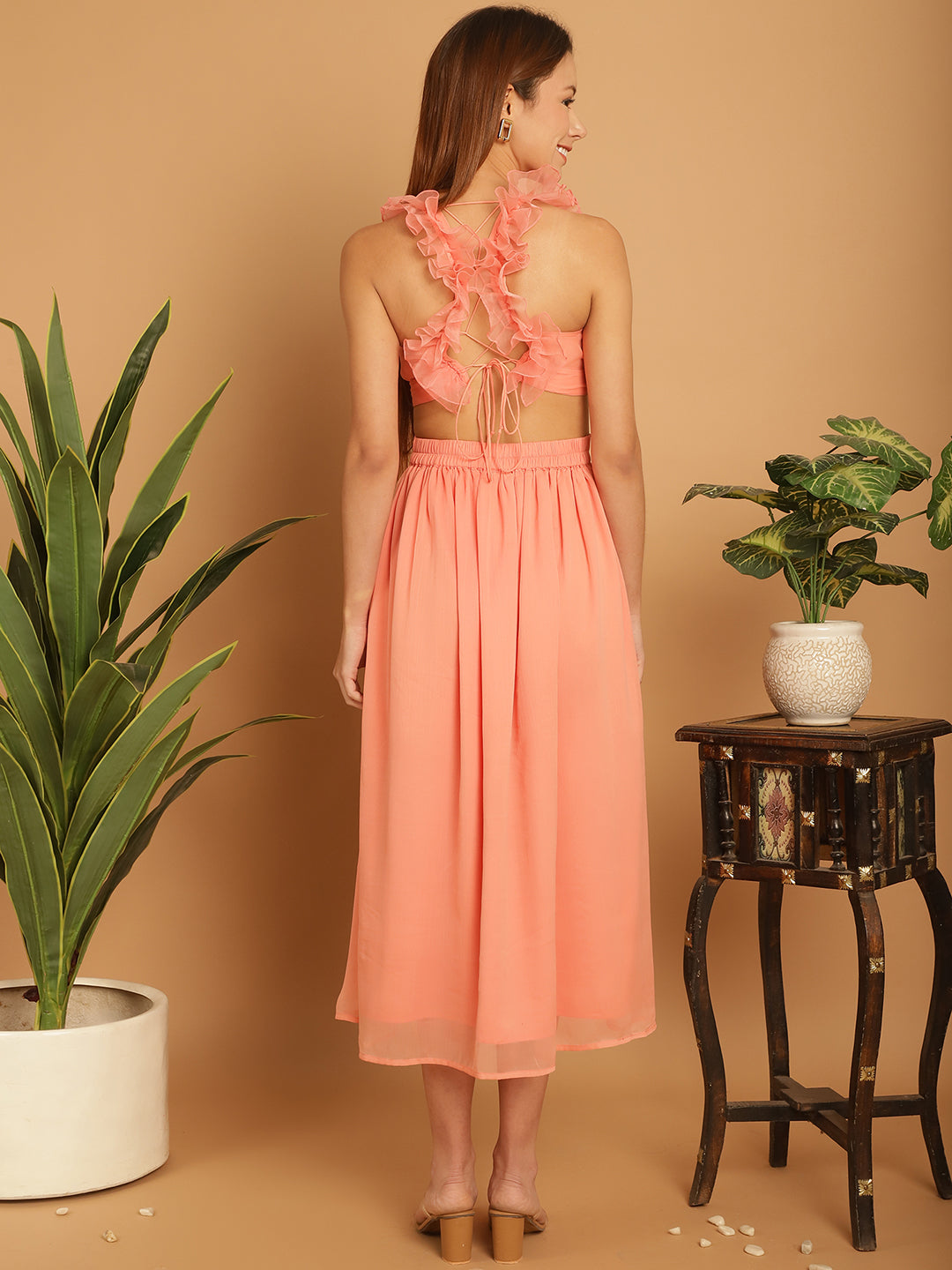 Coral Chiffon Dress with Cut-Out