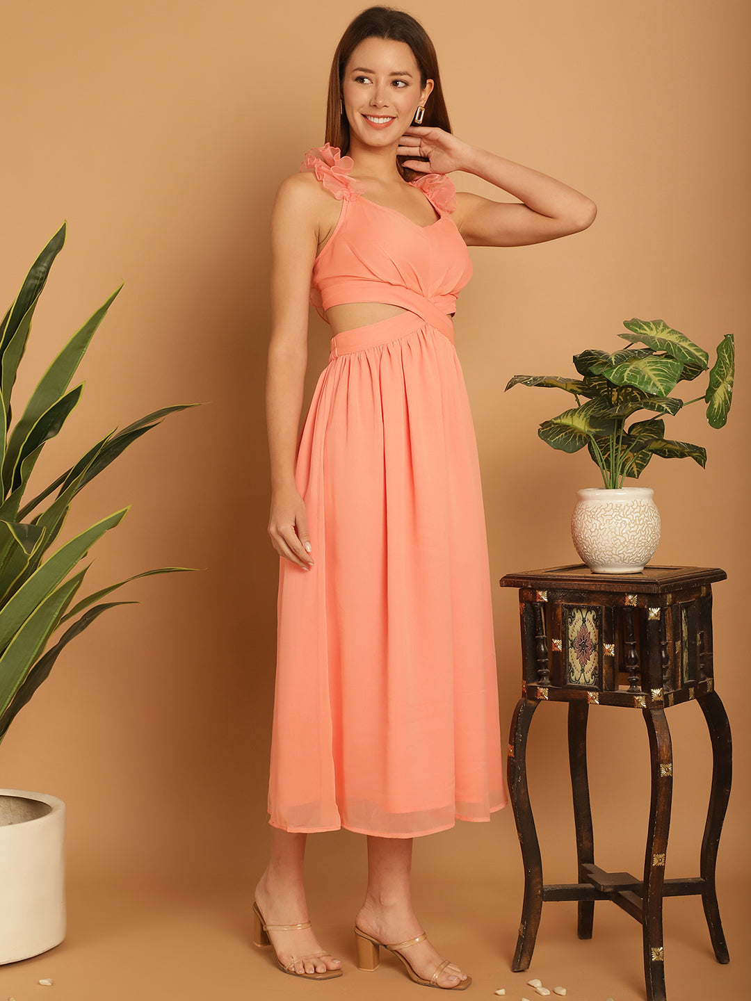 Coral Chiffon Dress with Cut-Out
