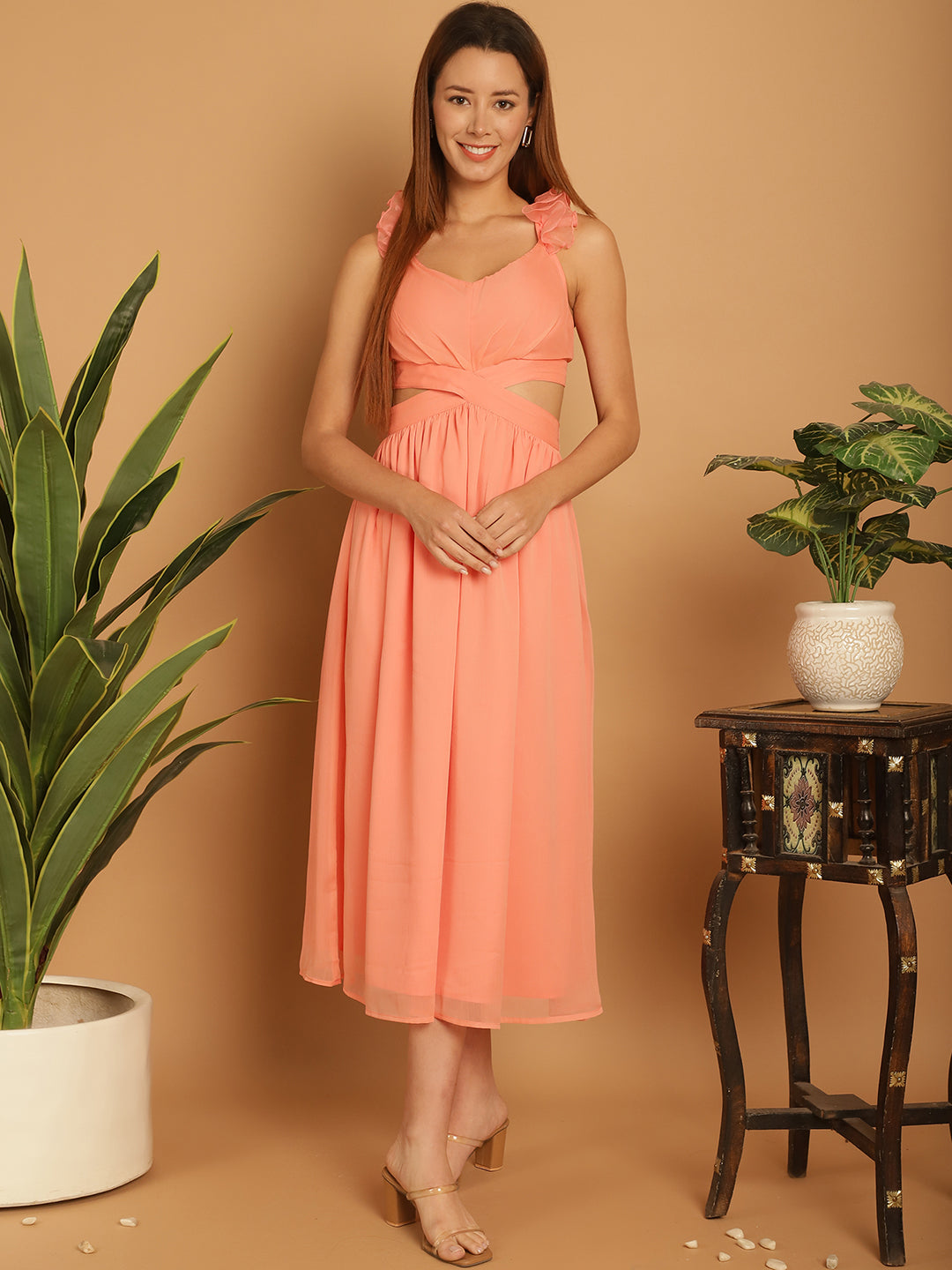 Coral Chiffon Dress with Cut-Out