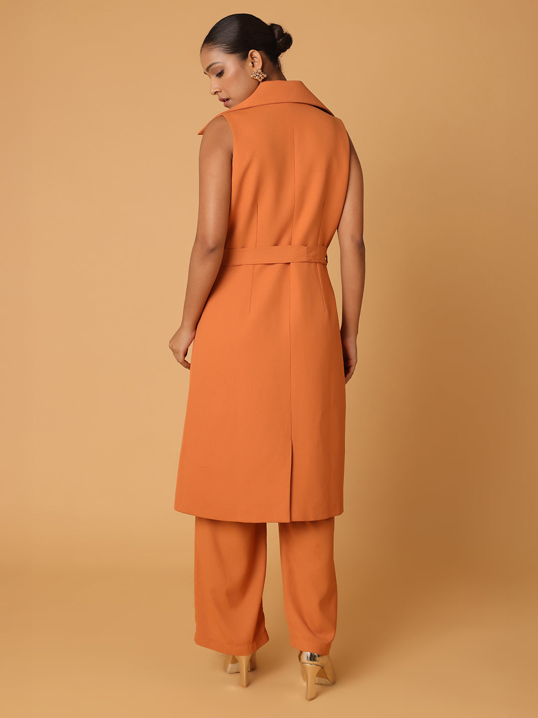 Dull Orange Long Blazer With Trousers