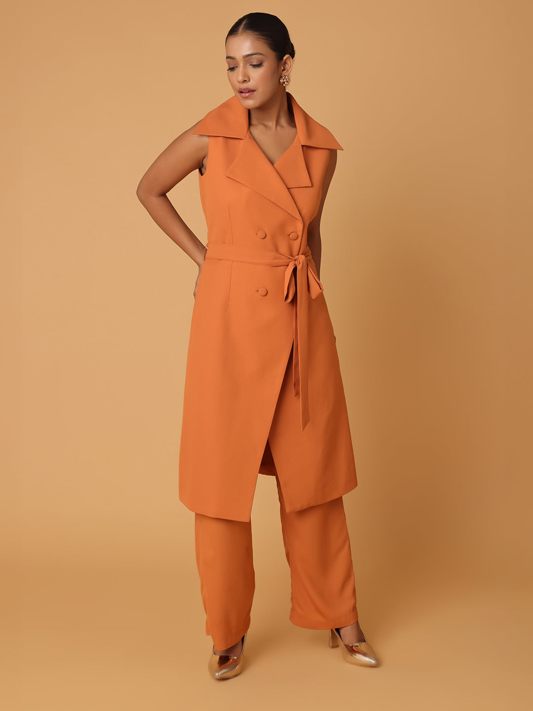 Dull Orange Long Blazer With Trousers