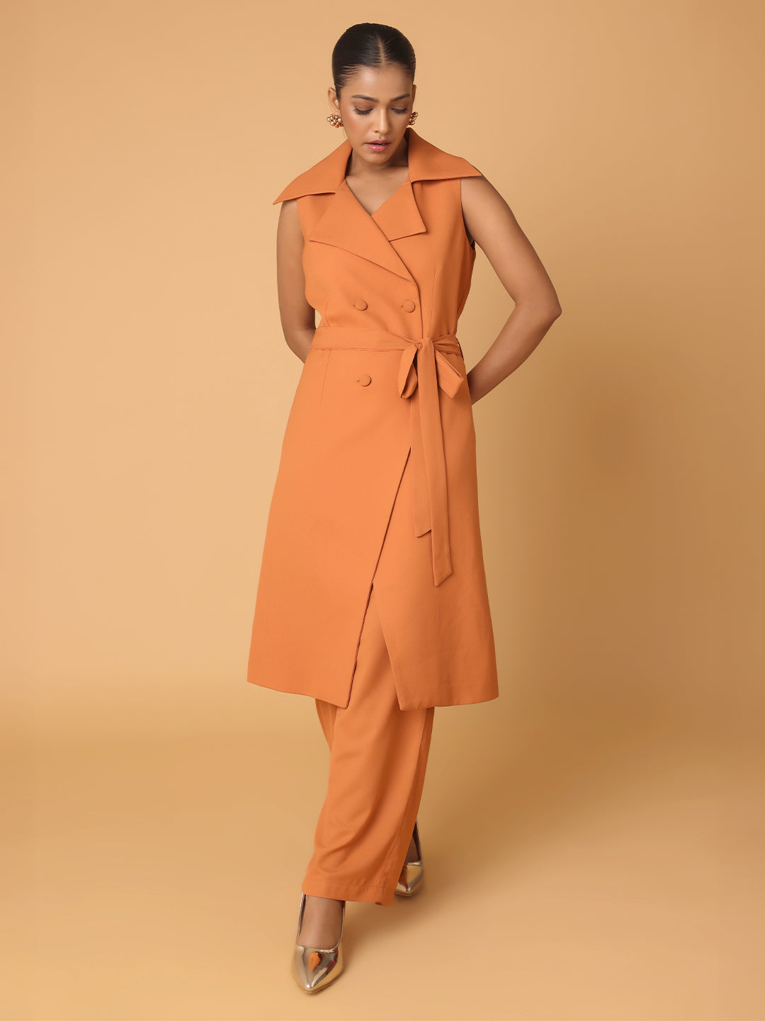 Dull Orange Long Blazer With Trousers