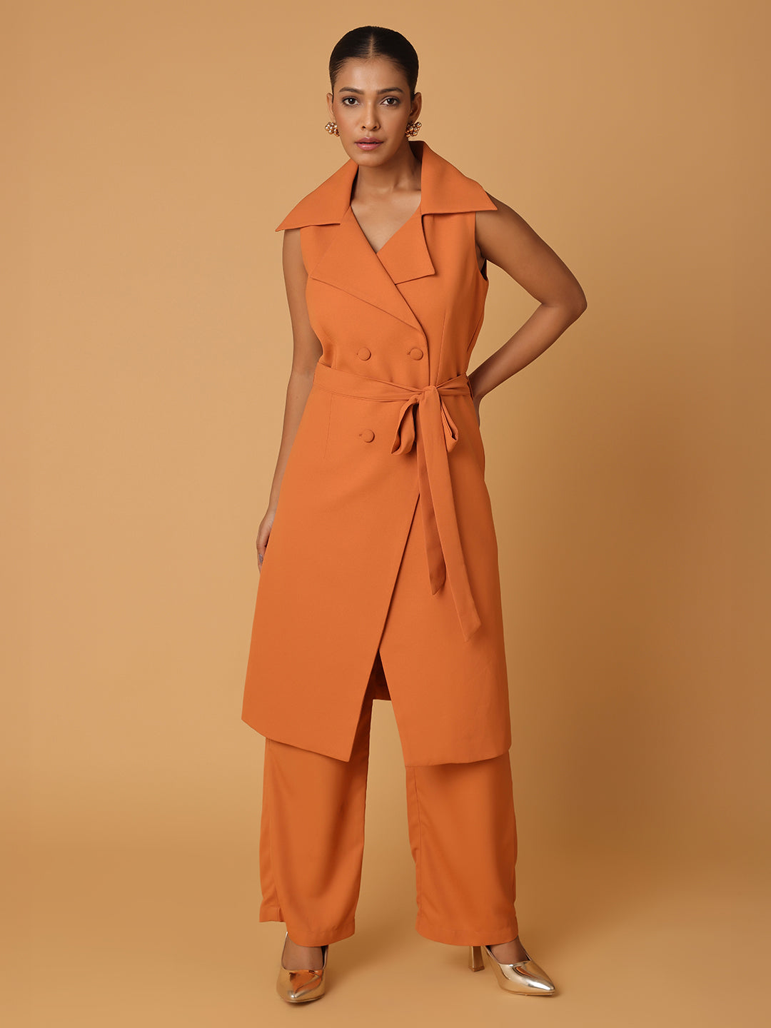 Dull Orange Long Blazer With Trousers