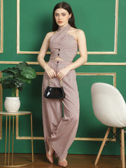 Dusty Peach & Blue Stripes Halter Neck Top with Trousers