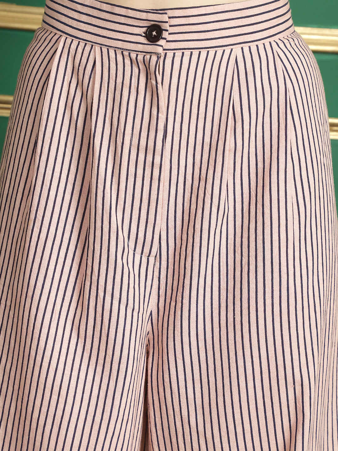 Dusty Peach & Blue Stripes Halter Neck Top with Trousers