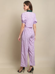Embellished Collar Top With Purple Printed Co-Ord Set