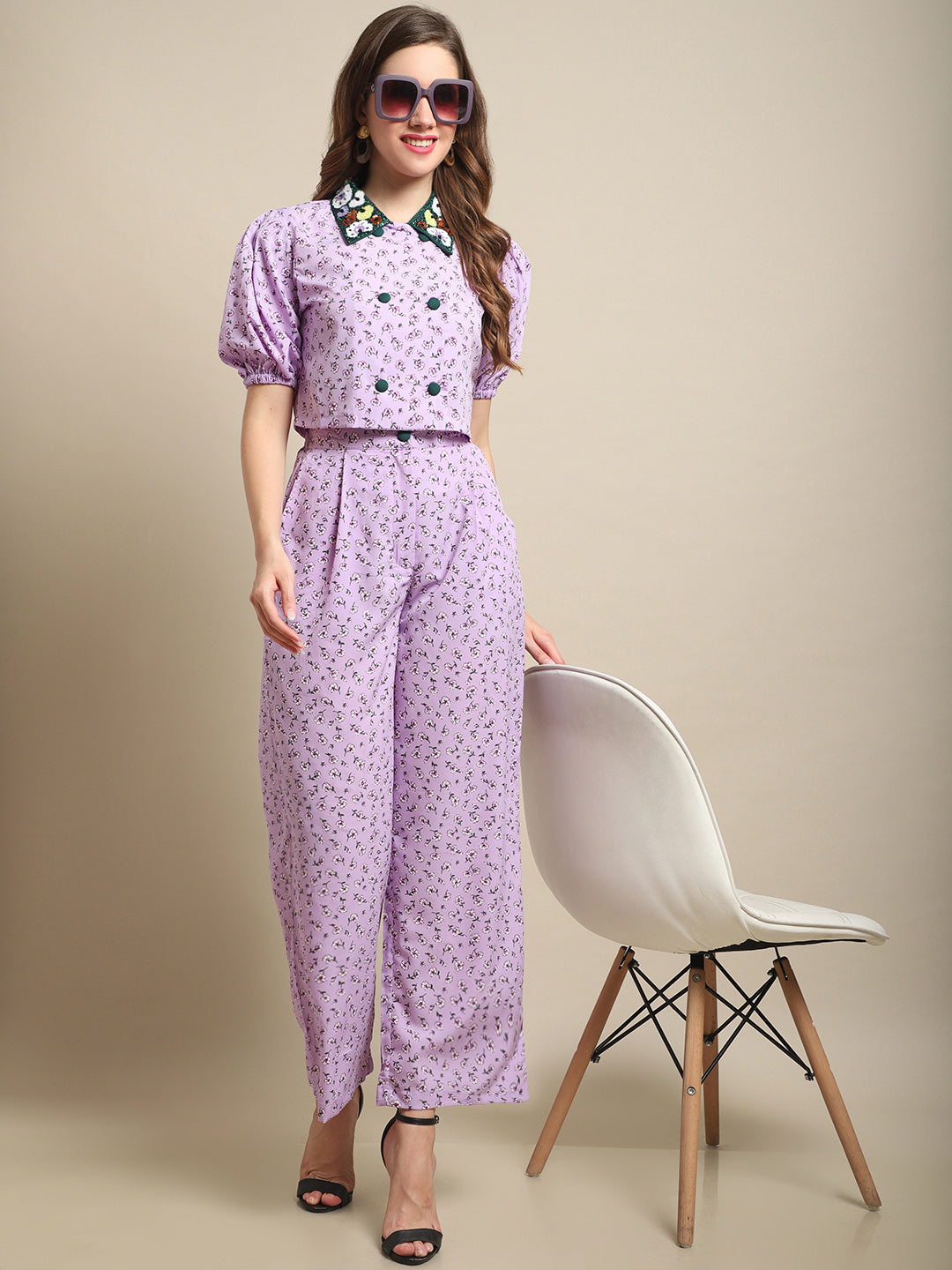 Embellished Collar Top With Purple Printed Co-Ord Set