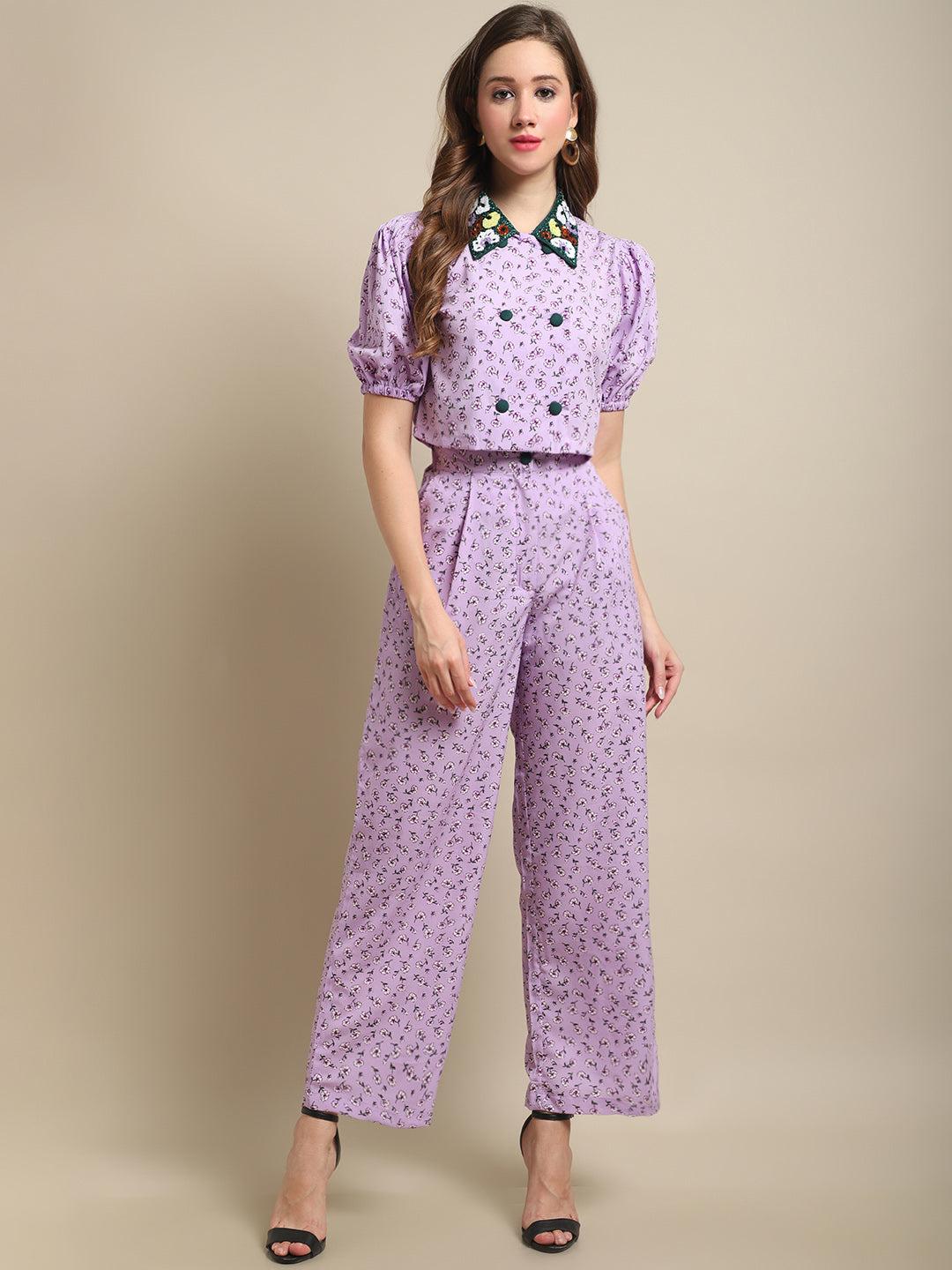 Embellished Collar Top With Purple Printed Co-Ord Set