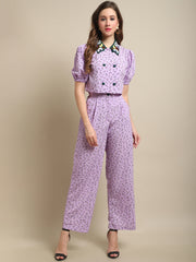 Embellished Collar Top With Purple Printed Co-Ord Set
