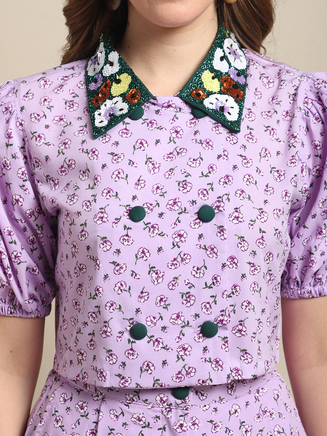 Embellished Collar Top With Purple Printed Co-Ord Set