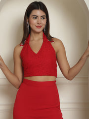 Embellished Collar Laced Top with Trouser