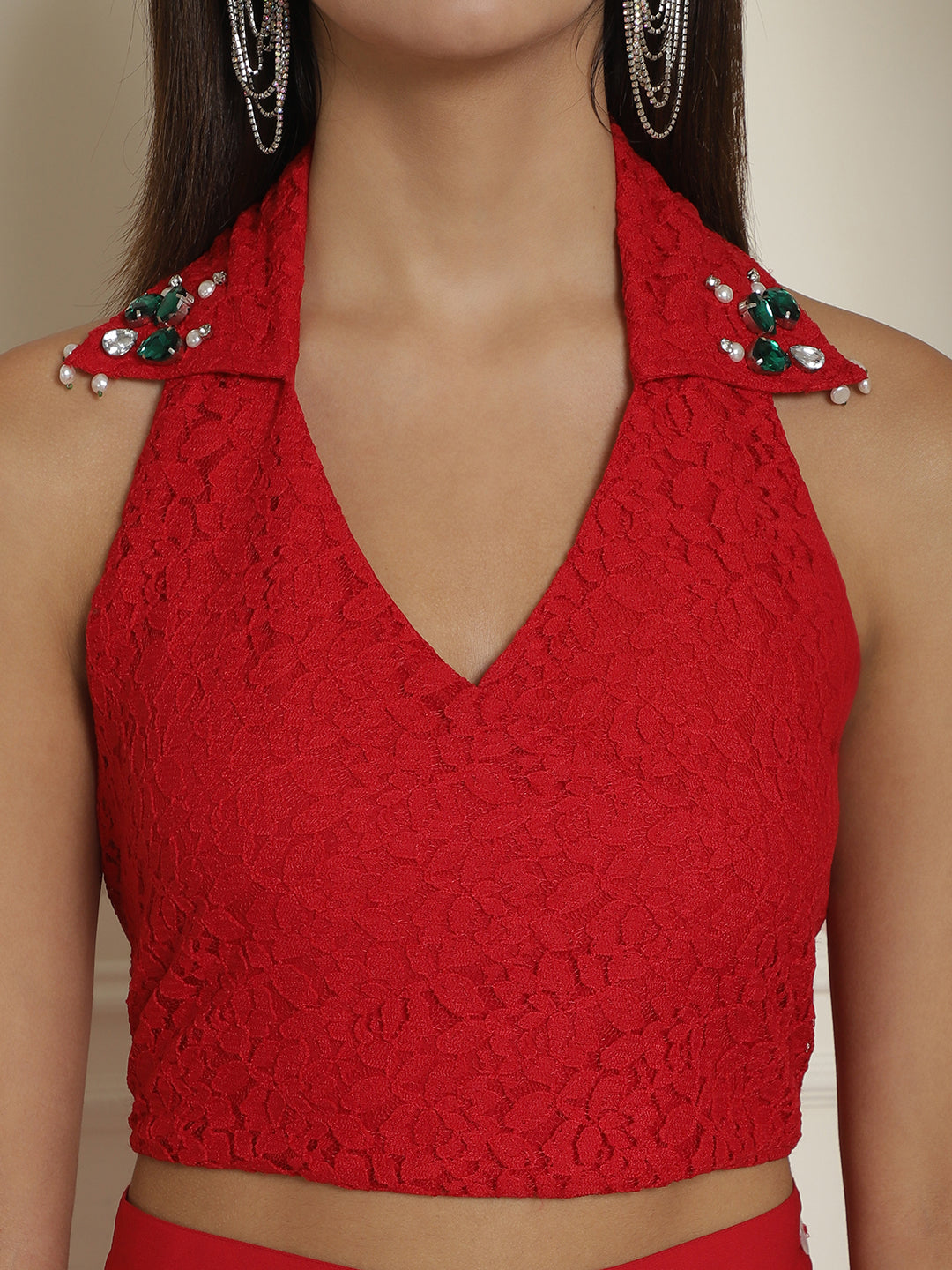 Embellished Collar Laced Top with Trouser