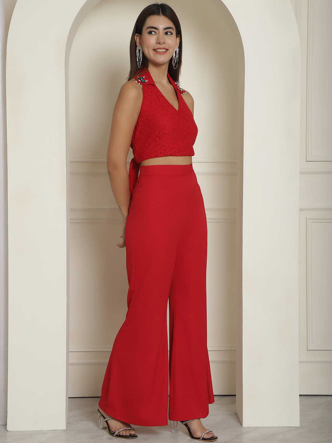 Embellished Collar Laced Top with Trouser