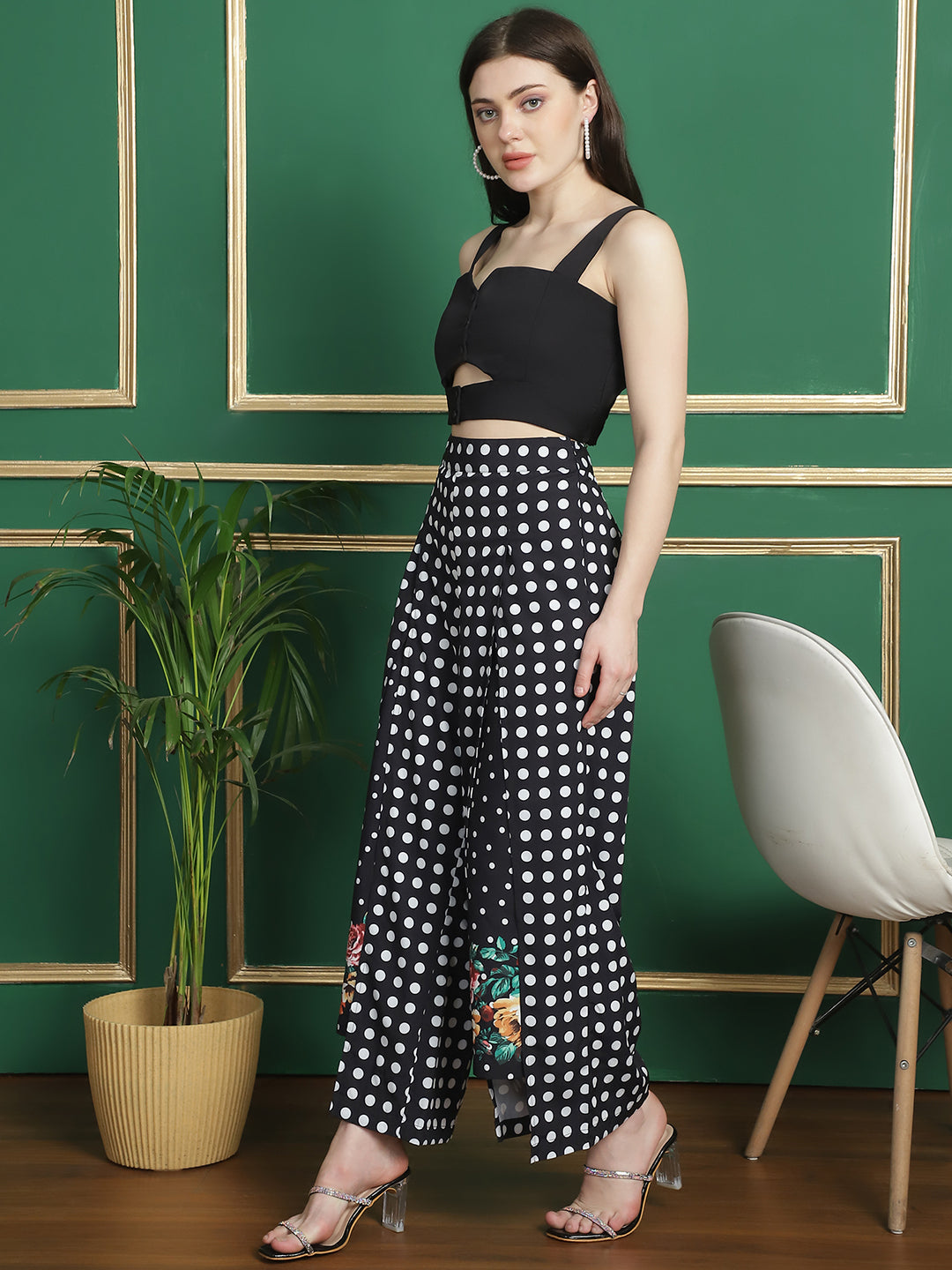 Floral Dot Printed Trouser With Cut-Out Crop Top