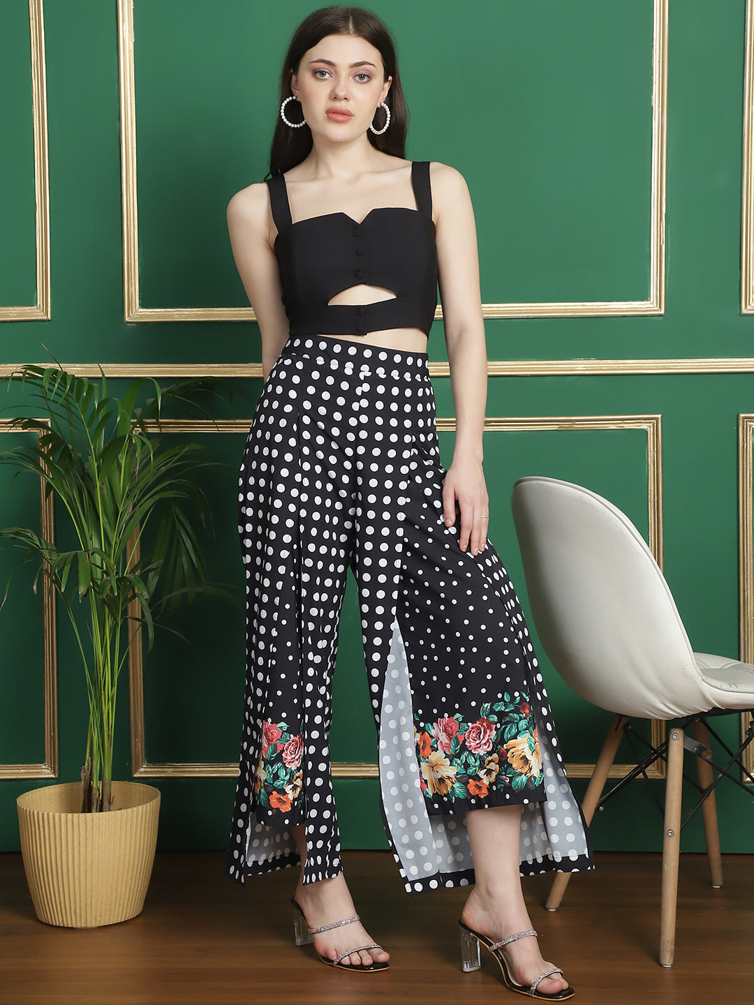 Floral Dot Printed Trouser With Cut-Out Crop Top