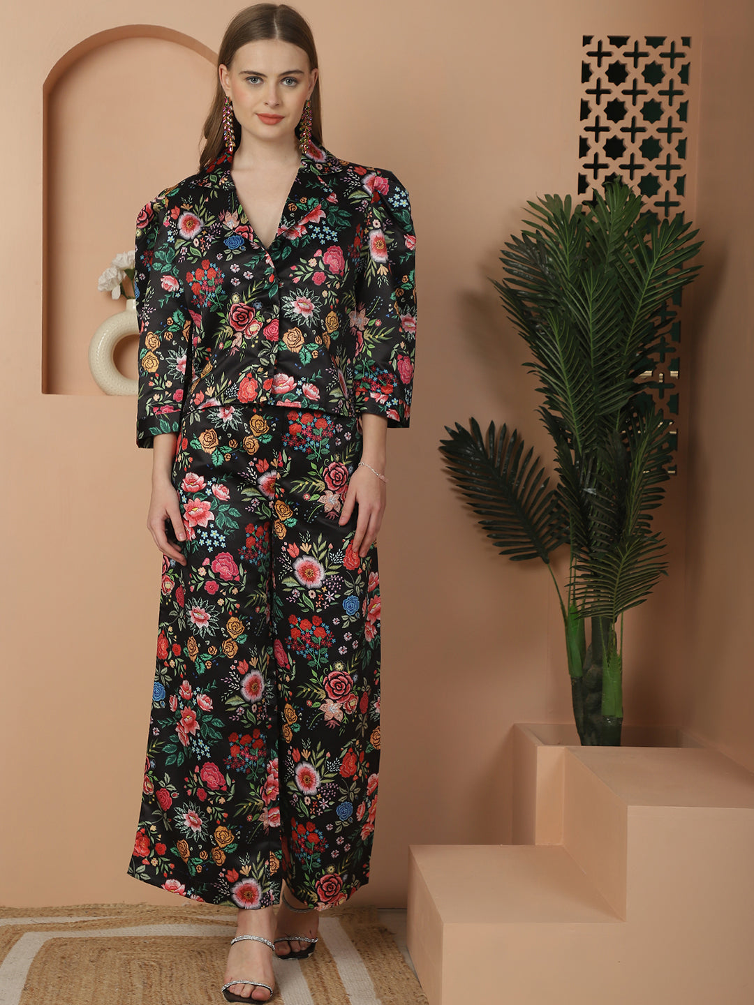 Floral Printed Black Cotton Satin Top With Pants Co-Ord Set