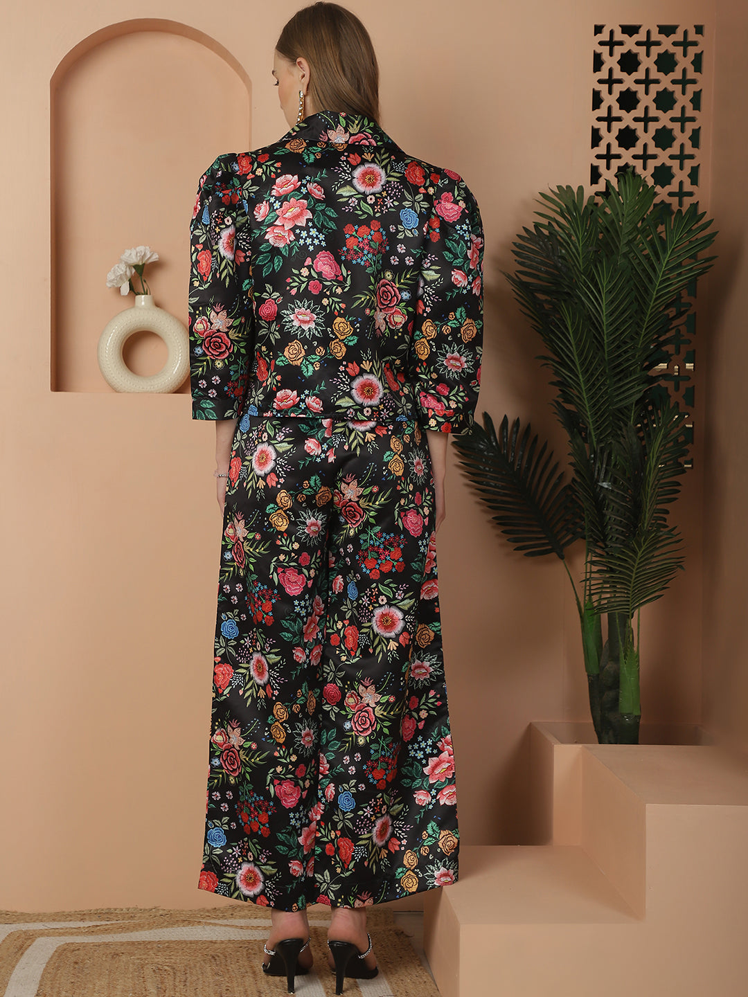 Floral Printed Black Cotton Satin Top With Pants Co-Ord Set