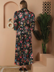 Floral Printed Black Cotton Satin Top With Pants Co-Ord Set