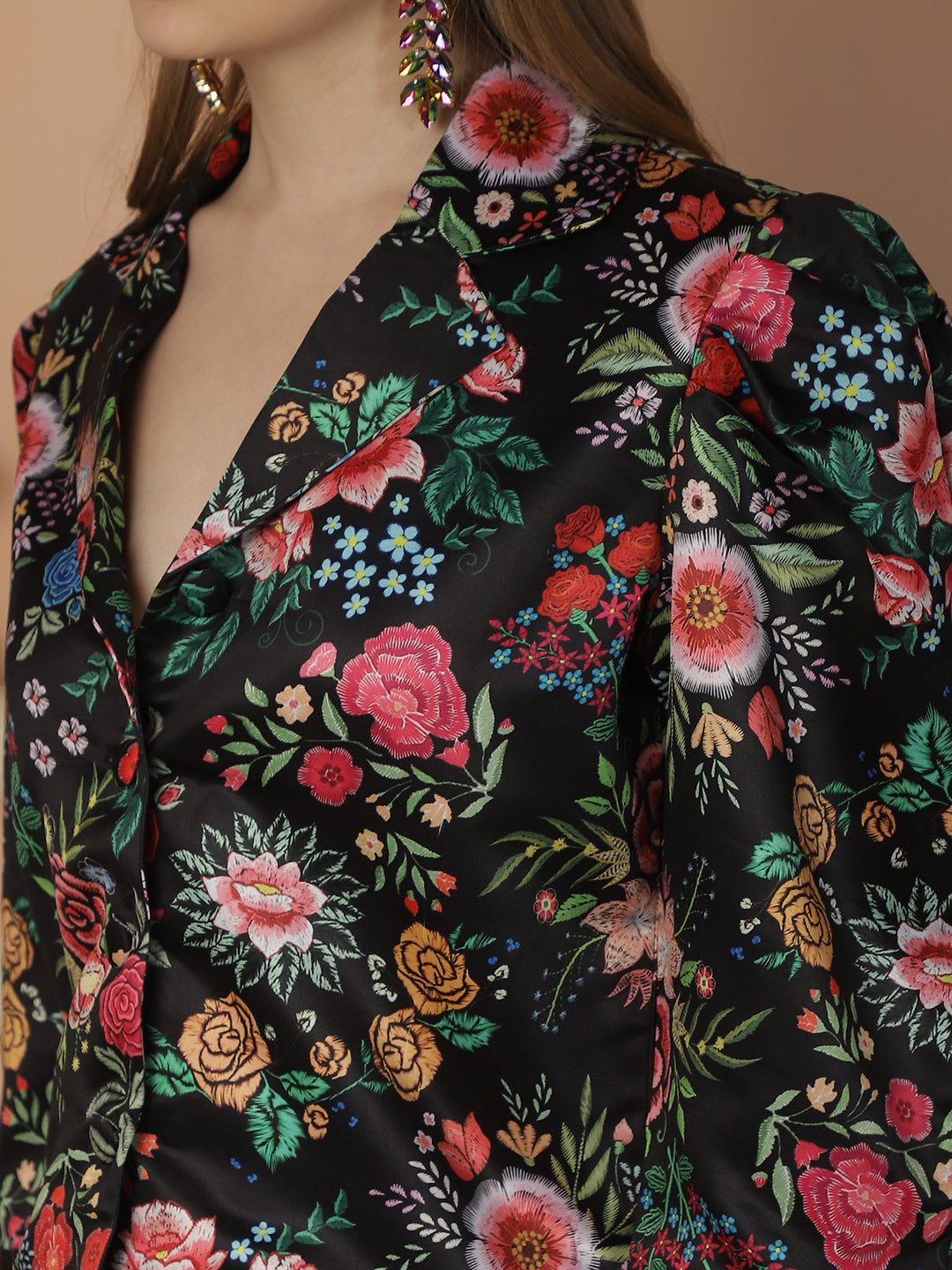 Floral Printed Black Cotton Satin Top With Pants Co-Ord Set