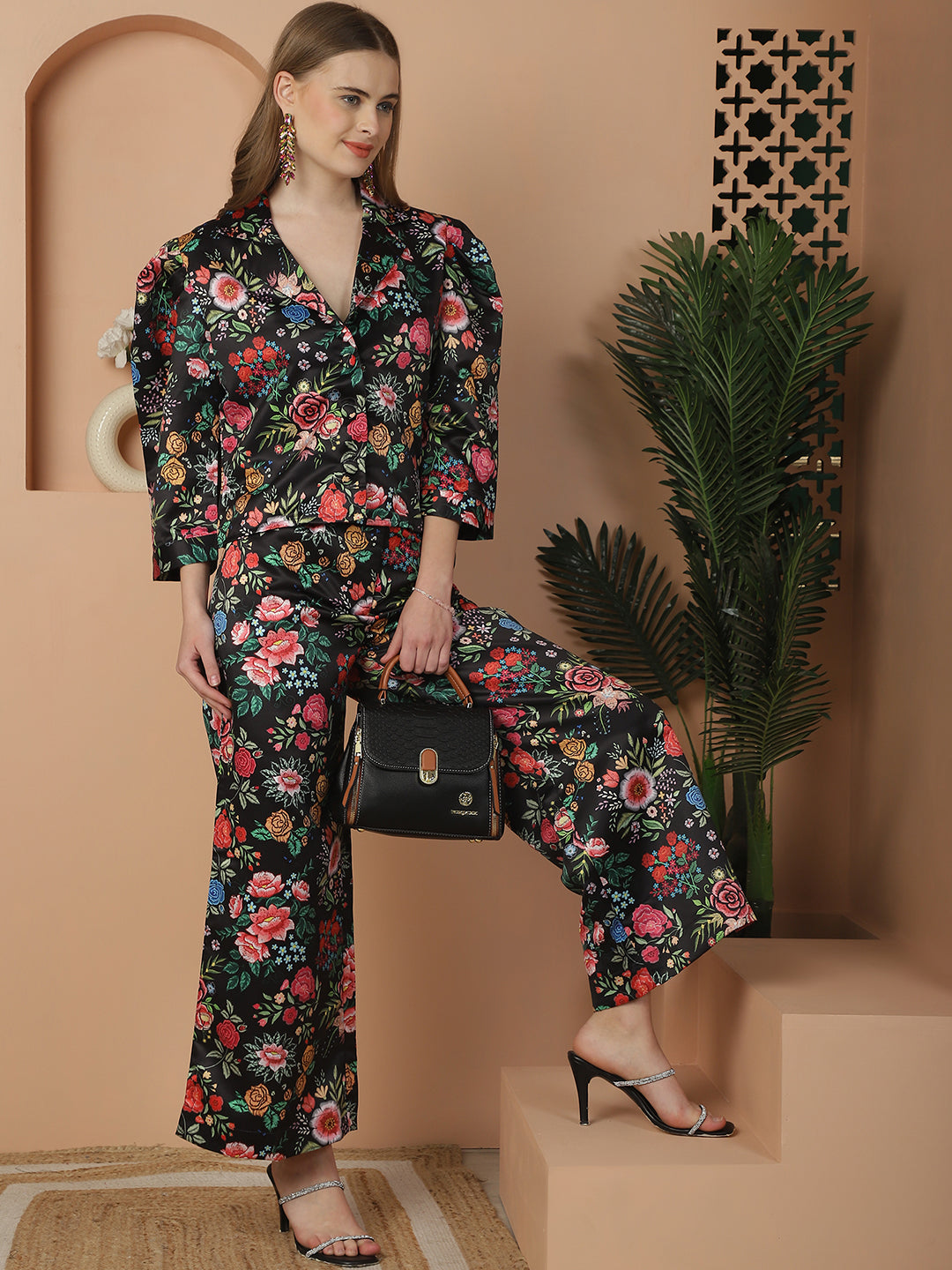 Floral Printed Black Cotton Satin Top With Pants Co-Ord Set