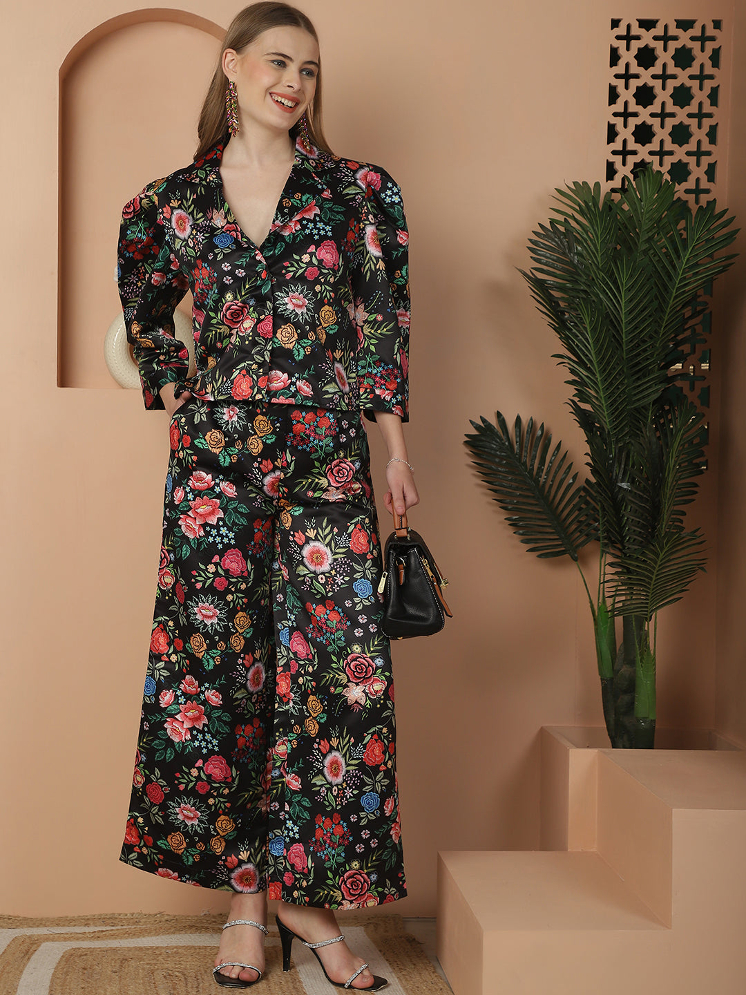 Floral Printed Black Cotton Satin Top With Pants Co-Ord Set