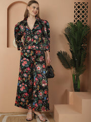 Floral Printed Black Cotton Satin Top With Pants Co-Ord Set