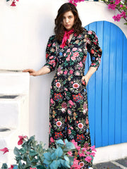 Floral Printed Black Cotton Satin Top With Pants Co-Ord Set