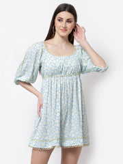 Floral Printed Light Blue Lace Dress