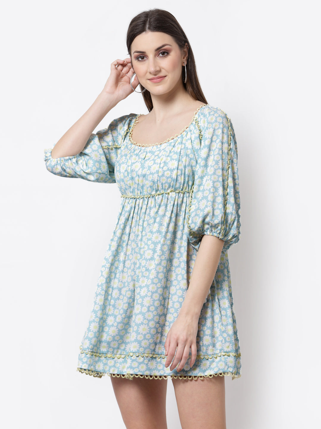 Floral Printed Light Blue Lace Dress