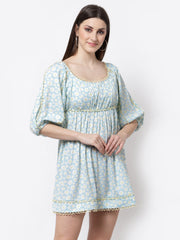Floral Printed Light Blue Lace Dress