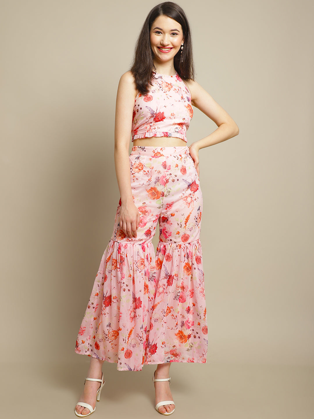 Floral Printed Pink Sharara With Crop Top