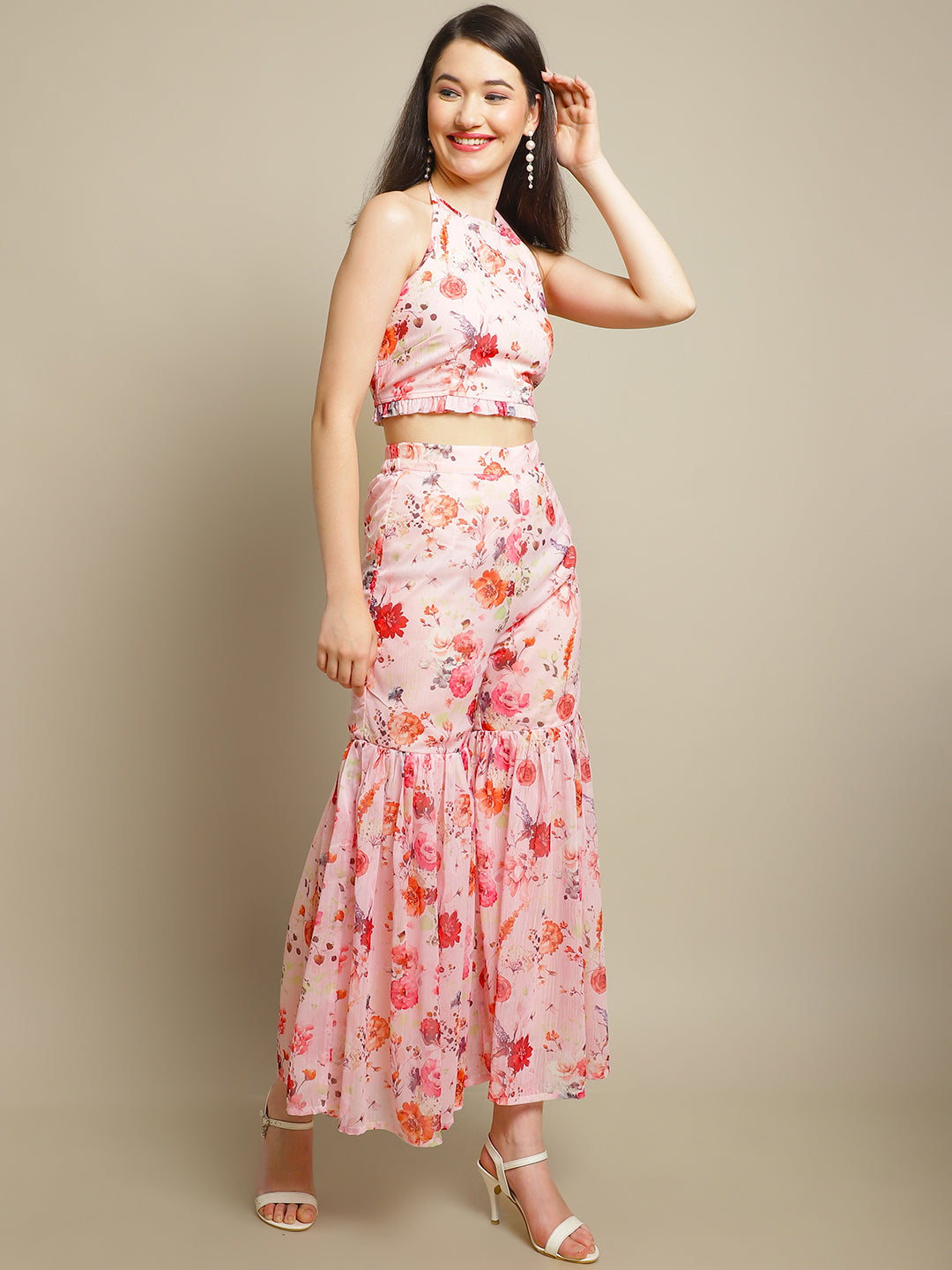 Floral Printed Pink Sharara With Crop Top