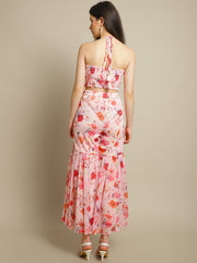 Floral Printed Pink Sharara With Crop Top
