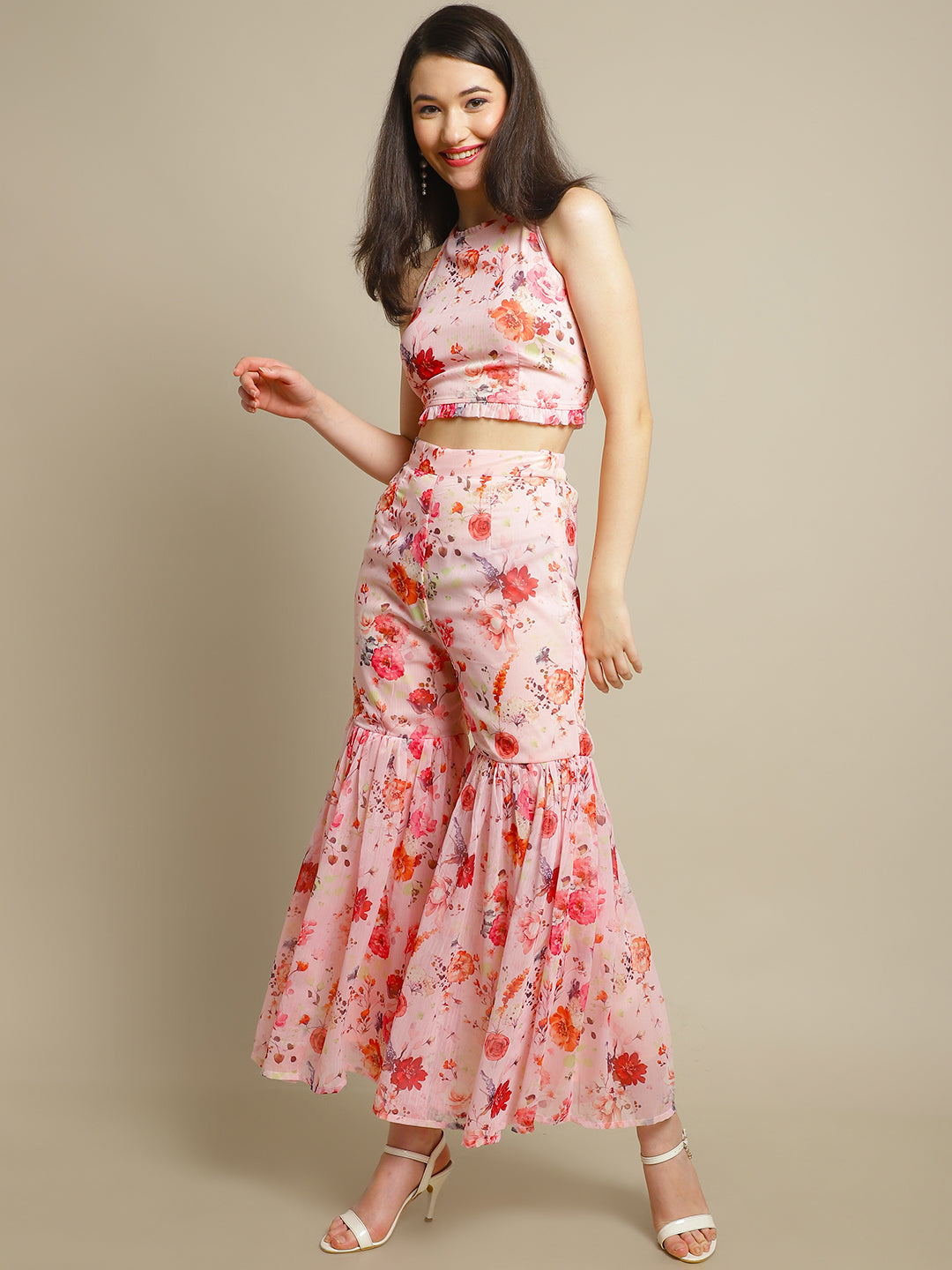 Floral Printed Pink Sharara With Crop Top