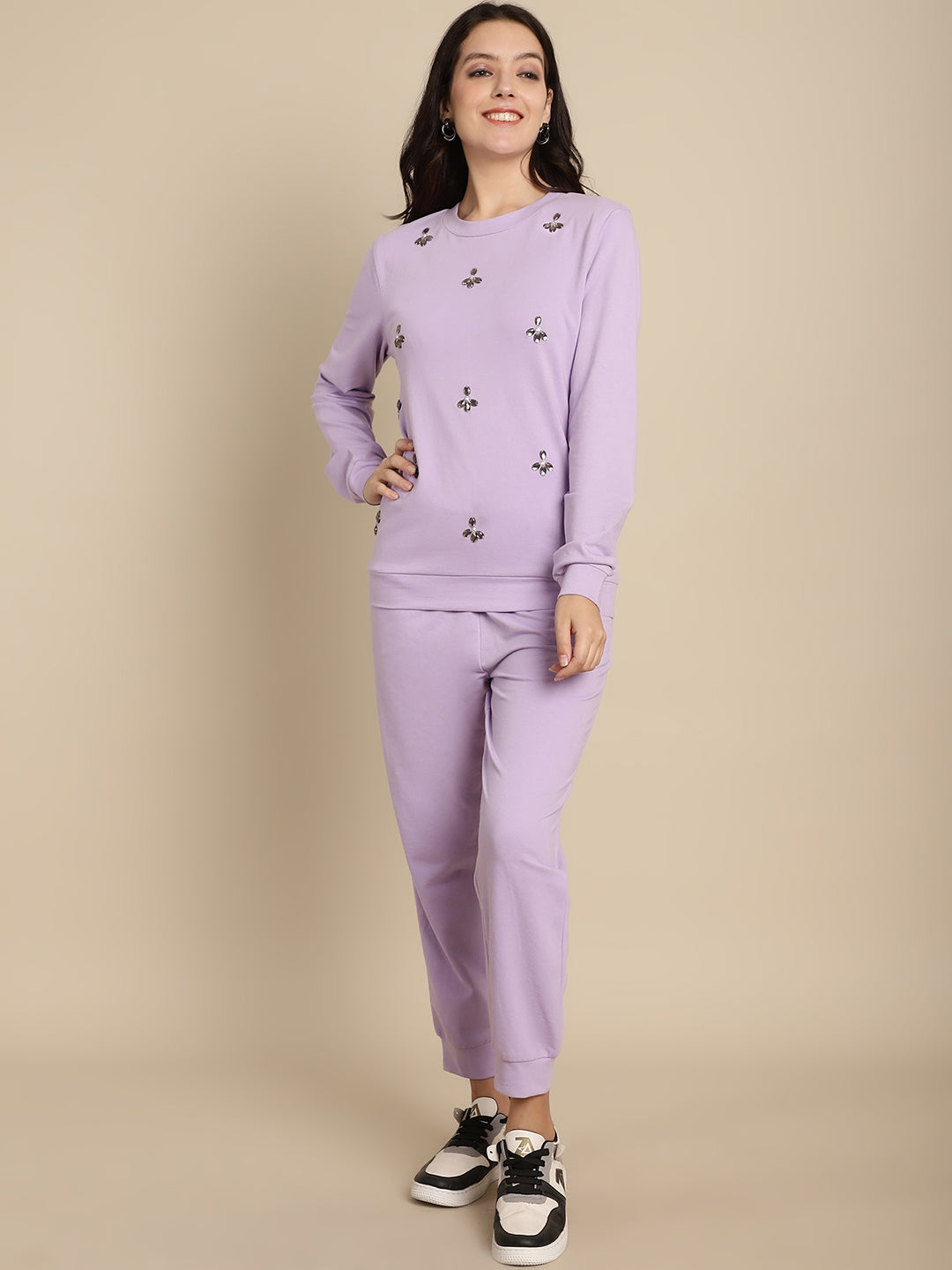 Floral Stone Work Sweatshirt With Jogger Set
