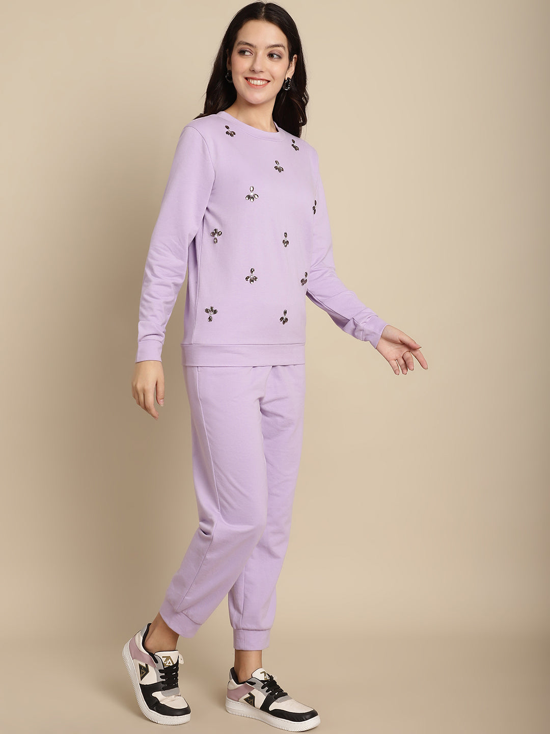Floral Stone Work Sweatshirt With Jogger Set