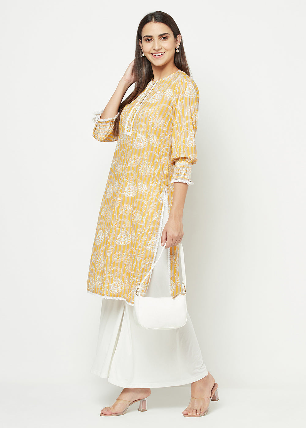 Floral and Stripes Smocking Kurti